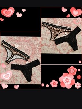 Victoria's Secret Black Lace Thong & Leopard Logo Waistband Thong